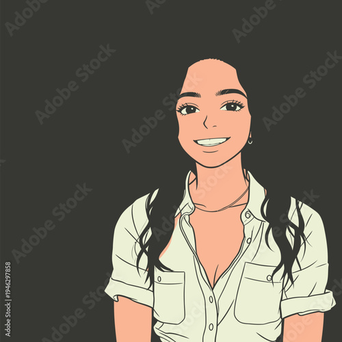 A woman with dark hair smiles while sitting in front of a dark background. She wears a light shirt and has a necklace on.