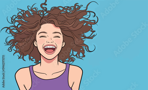 A woman with curly hair smiles widely against a bright blue background, showing happiness and joy in her expression and demeanor.