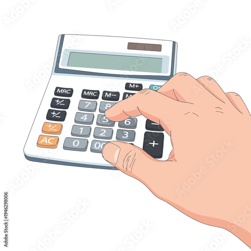 Hand using calculator for finance, accounting, math, and calculations