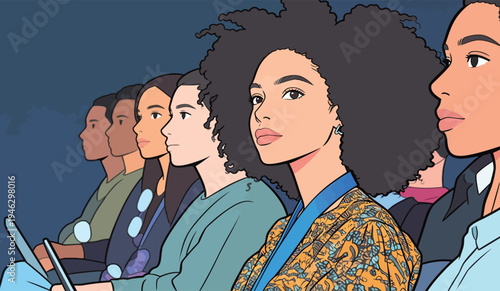 People sit together in rows with attentive looks. They hold devices and seem engaged in a talk or presentation during a show.