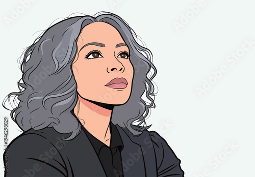 A woman with gray hair sits in a black outfit. She gazes upward with a thoughtful expression in a bright setting.