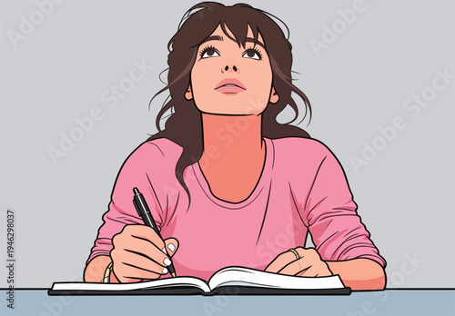 A woman sits at a table, holding a pen and looking up thoughtfully. She appears to be brainstorming or reflecting in a notebook.