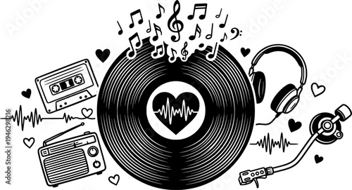 Vinyl record with heart shaped label music love vector illustration black and white
