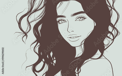 A young woman with long curly hair smiles while looking directly at the viewer. The drawing focuses on her relaxed expression and hairstyle.