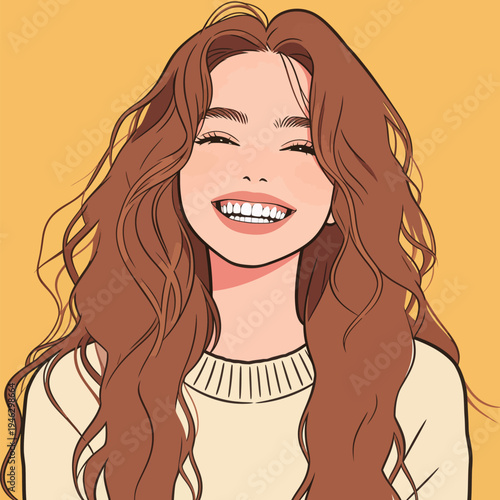A young woman is smiling widely with long wavy hair. She stands in front of a bright yellow background. Happiness shines on her face.