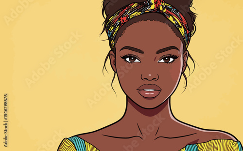 A woman with a headscarf looks at the viewer with a smile. The background is yellow, creating a warm atmosphere.