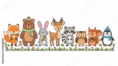 Adorable cartoon forest animals standing in a row with a floral border.