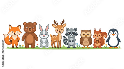 Adorable cartoon forest animals standing in a row on green grass.