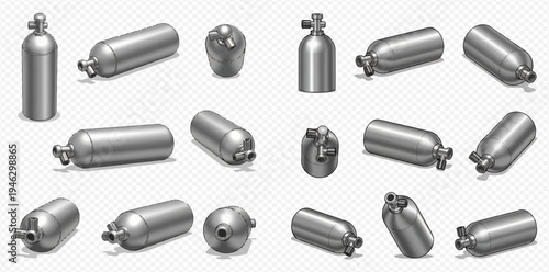 Set of metal gas cylinders with valves in various positions, isolated on a transparent background, for industrial and medical use.
