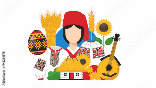 Illustration of a woman in traditional clothing surrounded by Ukrainian cultural symbols like sunflowers, wheat, and musical instruments on a white background.
