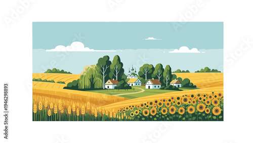 Illustration of a serene rural landscape with a field of sunflowers, trees, and houses under a blue sky with clouds.