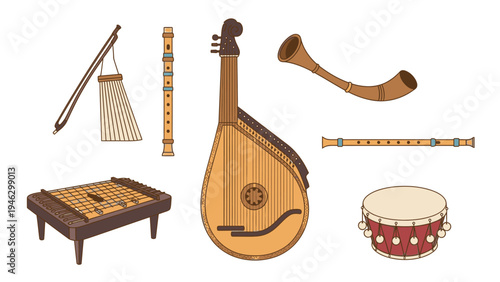 Collection of traditional musical instruments on a white background, including a lute, drum, and flutes.