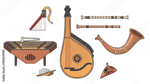 Illustration of various traditional musical instruments including a lute, flutes, and a harp against a clean white background.