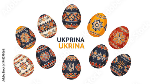 Collection of traditional Ukrainian Easter eggs with intricate designs and patterns on a white background with UKPRINA UKRINA text.
