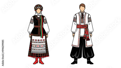 Illustration of a man and woman wearing traditional clothing with intricate designs and patterns on a white background.
