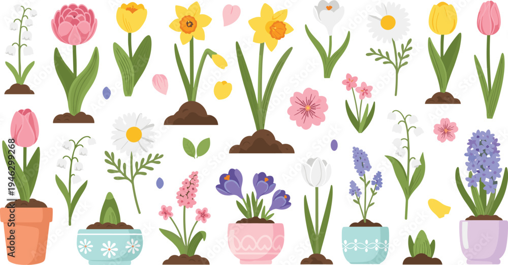 Obraz premium Spring Garden Flowers Illustration Set Featuring Tulips, Daffodils, Hyacinths, Daisies, Lily of the Valley, and Potted Floral Plants for Botanical Design.