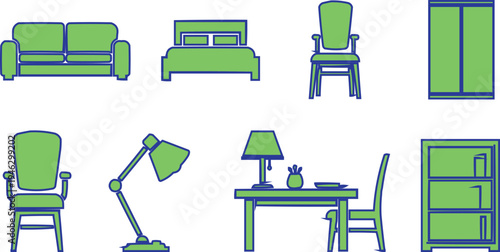 described features a collection of line drawings representing various pieces of furniture, all rendered in shades of green and outlined with blue lines.