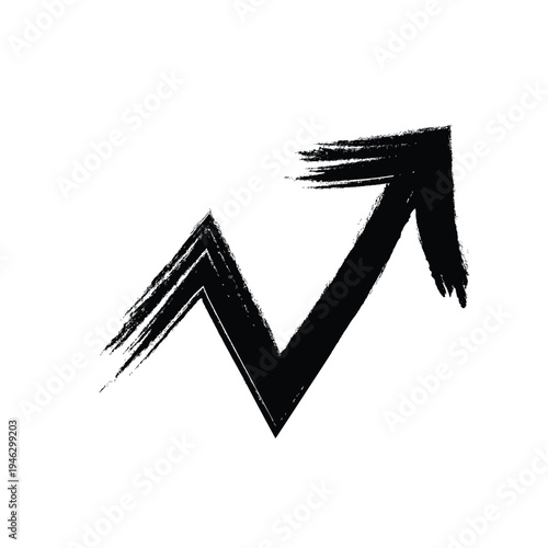 Bold Black Brushstroke Arrow Ascending Sharply Upward on Clean White Background Conveying Strong Sense of Growth, Success and Achievement with Dynamic Expressive Strokes