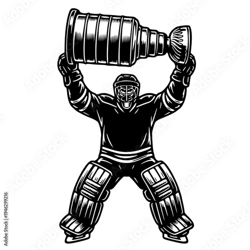 Ice Hockey Goalie Lifting Stanley Cup Championship Victory Silhouette Vector Illustration