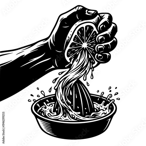 Hand Squeezing Lemon Juice Vector - Black and White Citrus Fruit Juicer Retro Woodcut Illustration