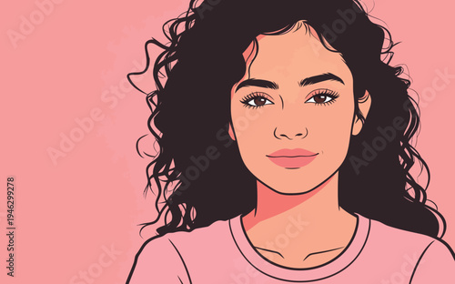 A young woman with long, curly hair looks directly at the viewer while smiling against a plain pink background.