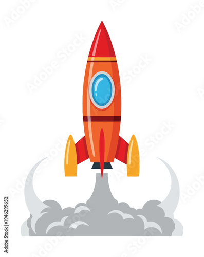 Bright vector rocket launching with flames and smoke billowing from its boosters