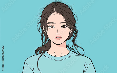 A girl with dark hair and a relaxed expression poses against a light blue background wearing a simple shirt.
