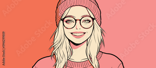 Young woman with light hair and glasses smiles brightly while wearing a beanie against a colorful background.