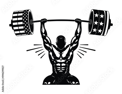 Strong, muscular vector of a man lifting a barbell with american flag-themed weights in a gym setting