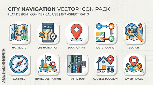 City Navigation Vector Icon Pack Flat Design for Commercial Use with 169 Aspect Ratio.