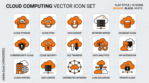 Cloud Computing Vector Icon Set with Data Storage and Network Security.