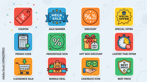 Collection of colorful flat design ecommerce and shopping discount icons.
