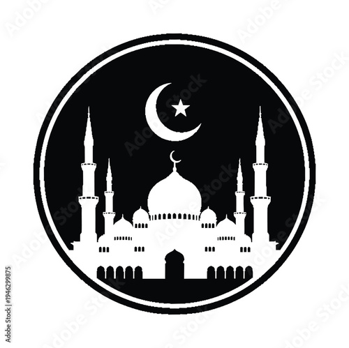 Vector of an ornate mosque with minarets and a crescent moon against a circular background.