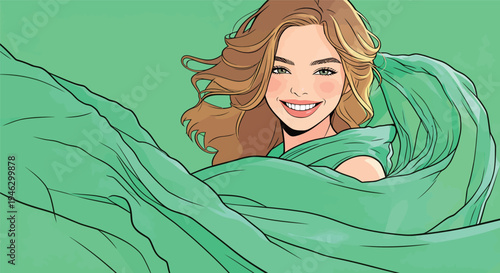 A woman smiles while dancing and moving her green fabric around. The bright background adds to the lively scene.