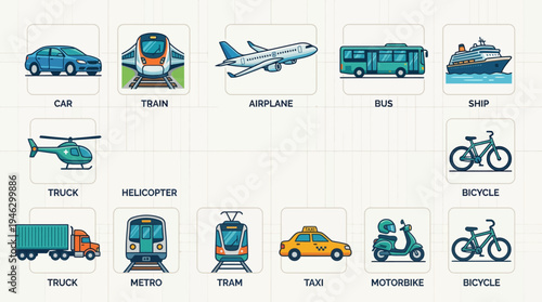 Collection of various transportation vehicles including cars trains airplanes buses ships helicopters trucks metros trams taxis motorbikes and bicycles.