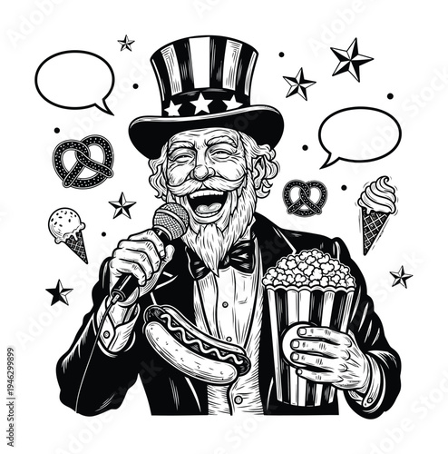 Vector of uncle sam holding popcorn and a hot dog while singing into a microphone