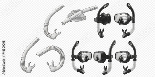 Set of diving masks and snorkels for underwater swimming and snorkeling, isolated on transparent background.