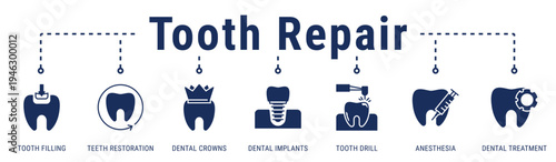 Tooth Repair web banner icon vector illustration featuring Tooth Filling, Teeth Restoration, Dental Crowns, Dental Implants, Tooth Drill, Anesthesia, and Dental Treatment
