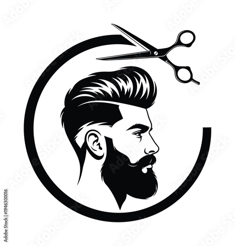 Vector of a bearded man with styled hair inside a circular frame with barber scissors above