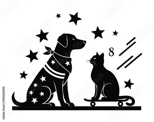 Vector of a dog sitting and a cat riding a skateboard with stars in the background