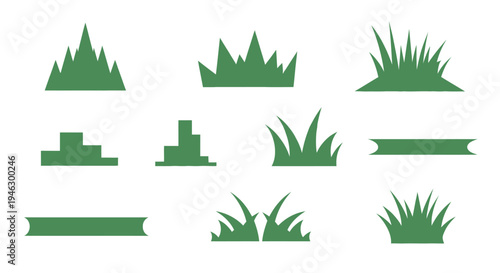 Geometric Vector Illustration Set of Green Grass Tufts and Stylized Nature Elements in a Minimalist Flat Design Style for Landscape Backgrounds and Graphics.
