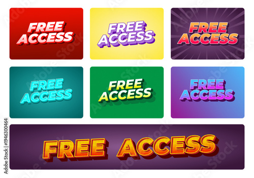 Grid of colorful retro style banners reading free access in various 3d text effects, including neon, halftone, gradient, and marquee styles.