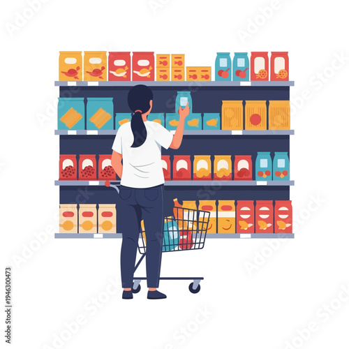 Woman choosing cereal box from supermarket shelf, shopping cart nearby