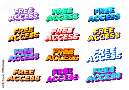 Twelve colorful 3d free access text stickers in varied fonts and gradients on flat white background