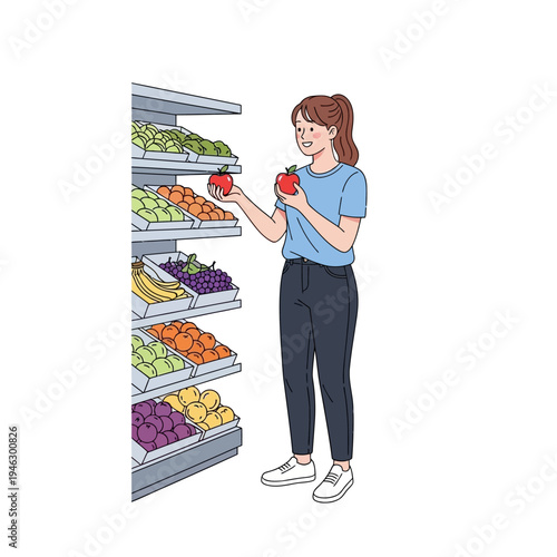 Woman choosing fresh apples at a grocery store produce section, healthy food shopping