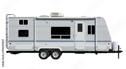 Modern travel trailer RV on transparent background for camping and road trips. Pull-behind camper trailer with dual axles, side door, and awning for outdoor adventure.