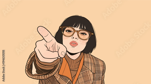 A young woman with glasses points directly at the viewer while wearing a fashionable outfit and standing against a plain backdrop.