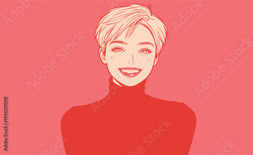 A woman stands with a big smile in a black turtleneck top. She has short hair and a bright background. Her expression is happy and inviting.