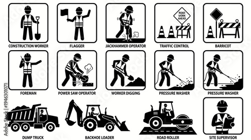 Construction Work Icons Vector | Traffic Control Jackhammer Concrete Saw Digging Dump Truck Road Roller Backhoe Loader | Safety Equipment Vector Set | Educational Design Artwork