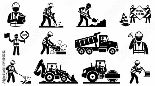 Construction Work Icons Vector | Traffic Control Jackhammer Concrete Saw Digging Dump Truck Road Roller Backhoe Loader | Safety Equipment Vector Set | Educational Design Artwork